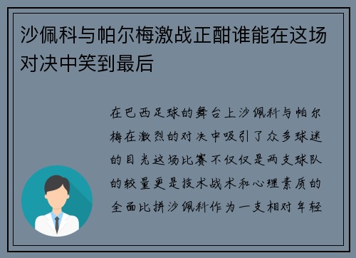 沙佩科与帕尔梅激战正酣谁能在这场对决中笑到最后